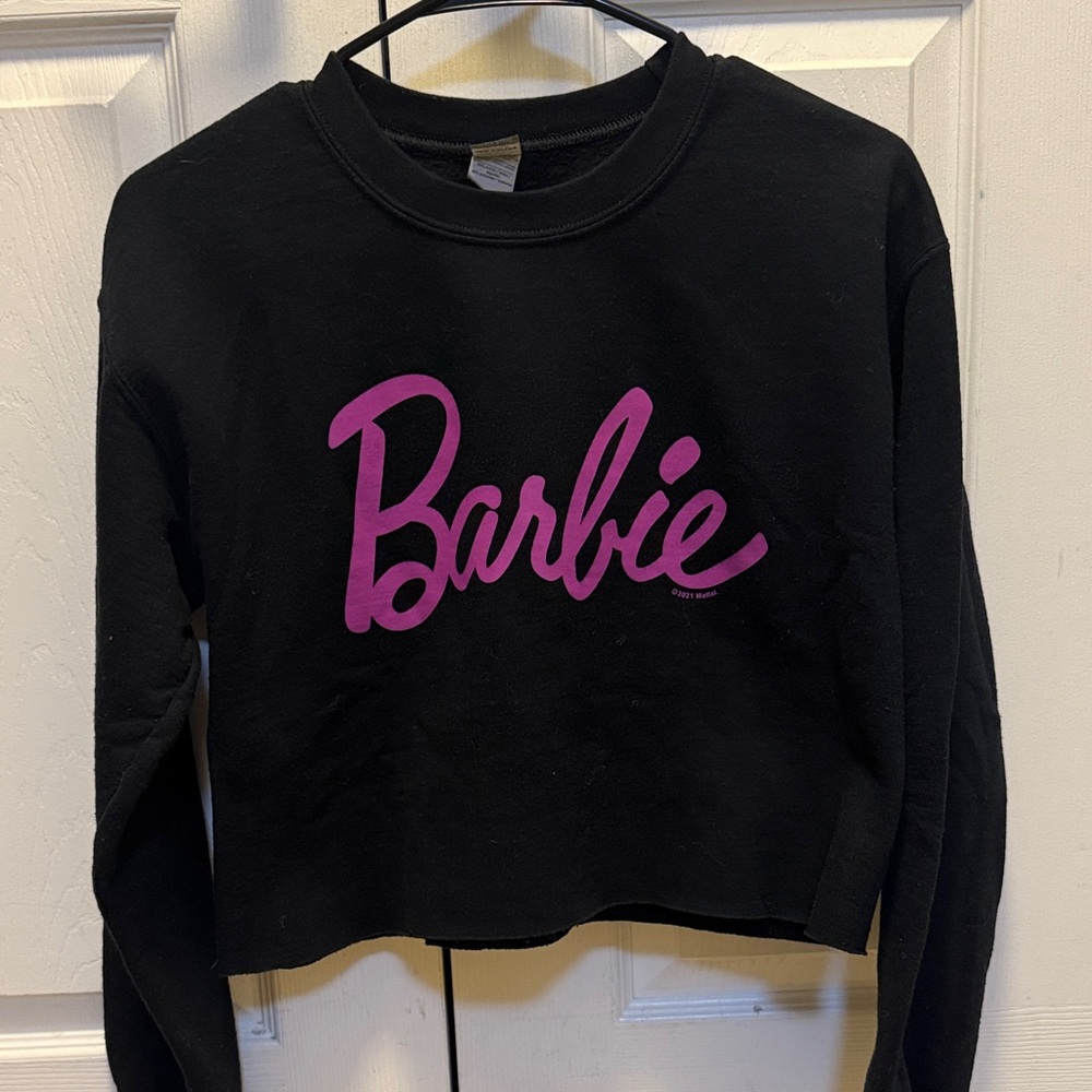 Black Cropped Sweatshirt with Pink Barbie Logo